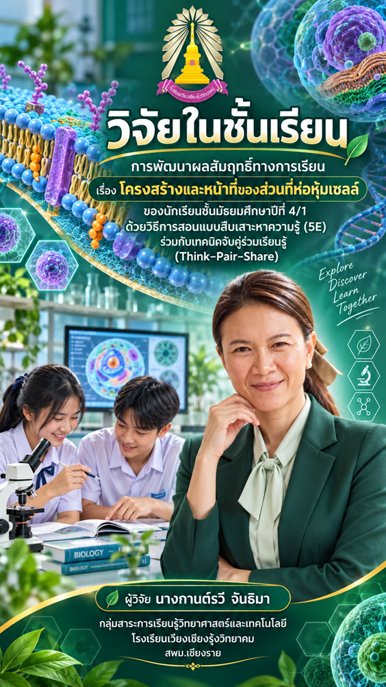 หน้าปก การพัฒนาผลสัมฤทธิ์ทางการเรียน เรื่อง โครงสร้างและหน้าที่ของส่วนที่ห่อหุ้มเซลล์ ของนักเรียนชั้นมัธยมศึกษาปีที่ 4.1 ด้วยวิธีการสอนแบบสืบเสาะความรู้(5E)รวมกับเทคนิคจับคู่ร่วมเรียนรู้(Think pair Share)